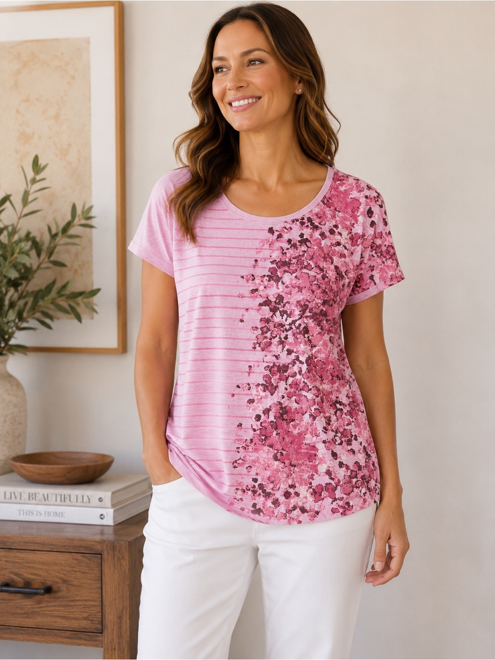 Orvis Pink Floral & Stripe Short‑Sleeve Tee — Size S — Like New
